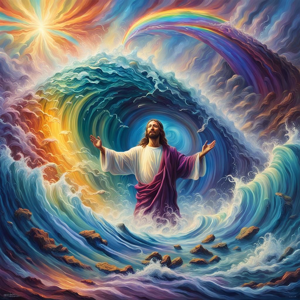 Jesus Rising in Rainbow Tsunami: Surreal Concept Art