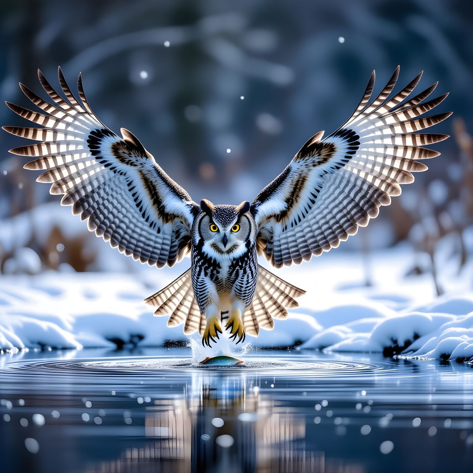 Blakiston's Fish Owl Captures Fish in Snowy Pool