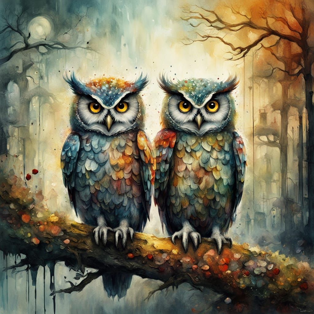 Vibrant Impressionist Masterpiece with Fluffy Owls in Golden...