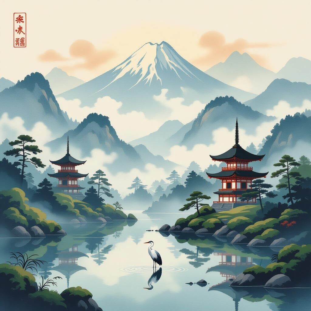Serene Japanese Mountain Landscape with Heron