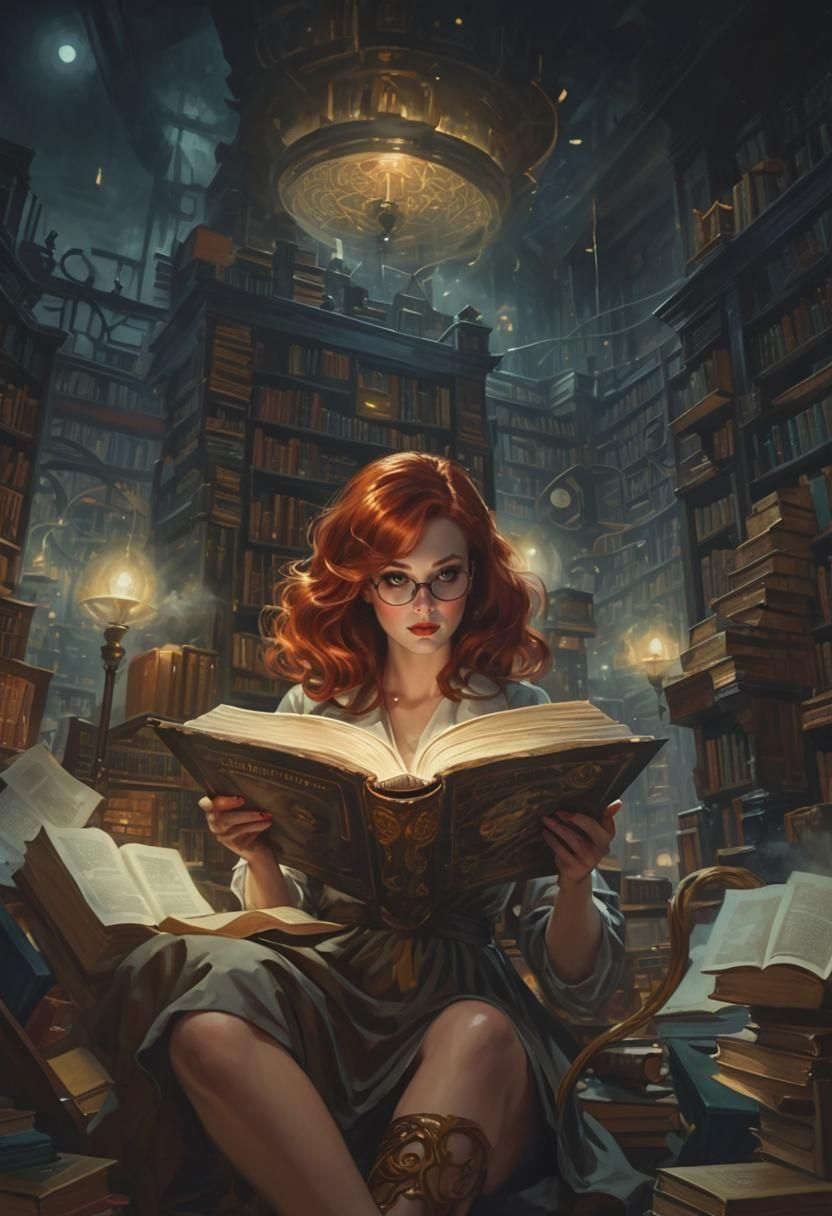 Noir Librarian in Library Labyrinth Painting