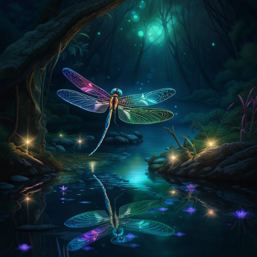 Iridescent Dragonfly in Magical Forest, Fantasy Art