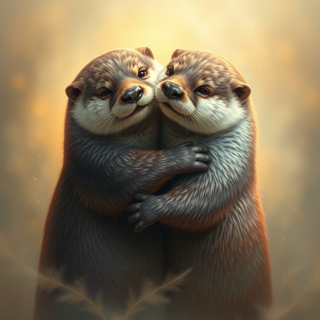 Romantic Otter Embrace in Soft, Golden Light
