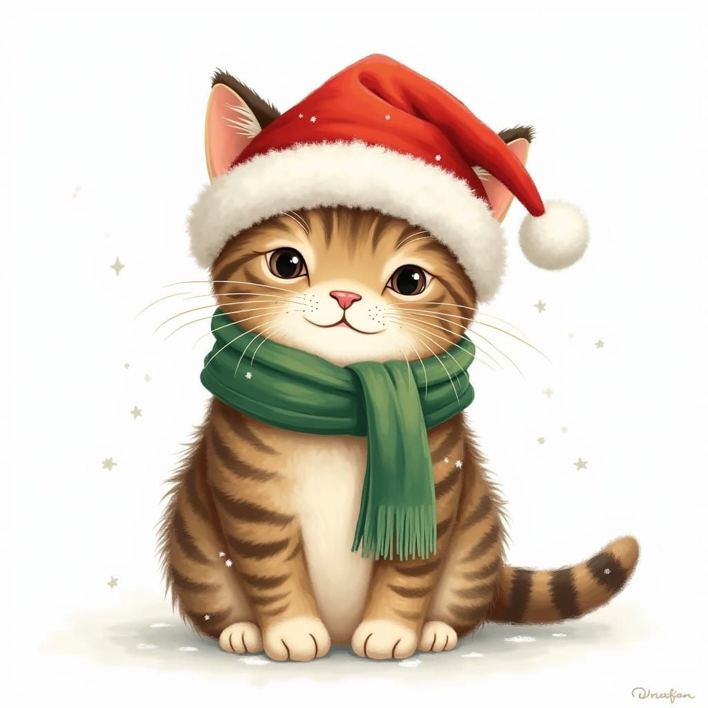 Whimsical Tabby Cat in Bright Christmas Hat, Sparkling Snow