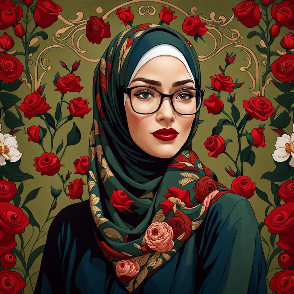 Beautiful Hijabi Portrait in Ornamental Art Nouveau Style