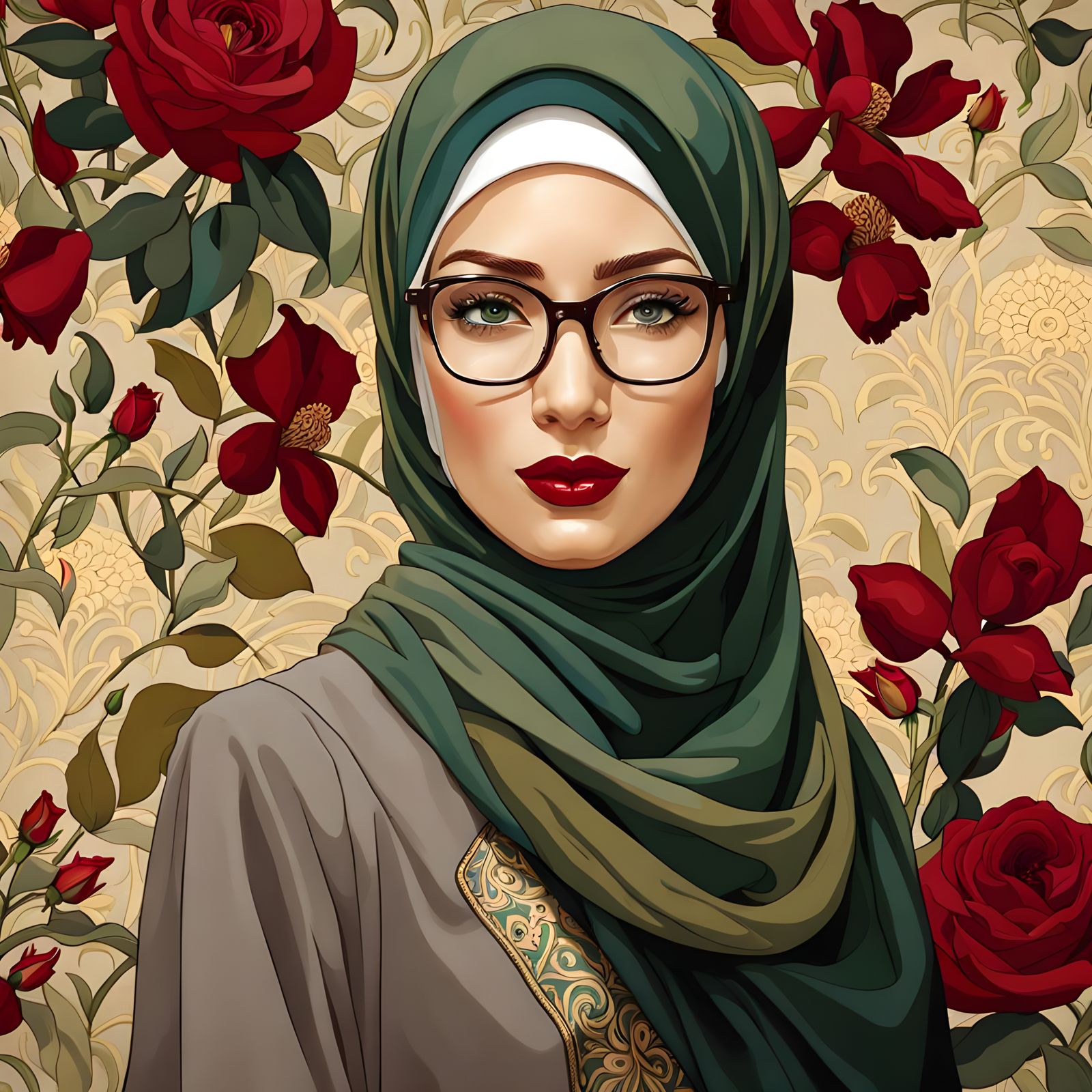 European Hijabi Portrait with Floral Art Nouveau Background