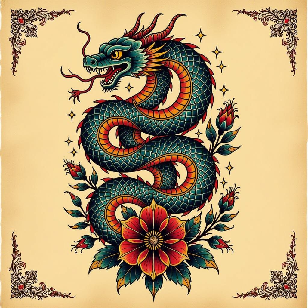 Neo-Traditional Tattoo Design with Serpents and Botanicals
