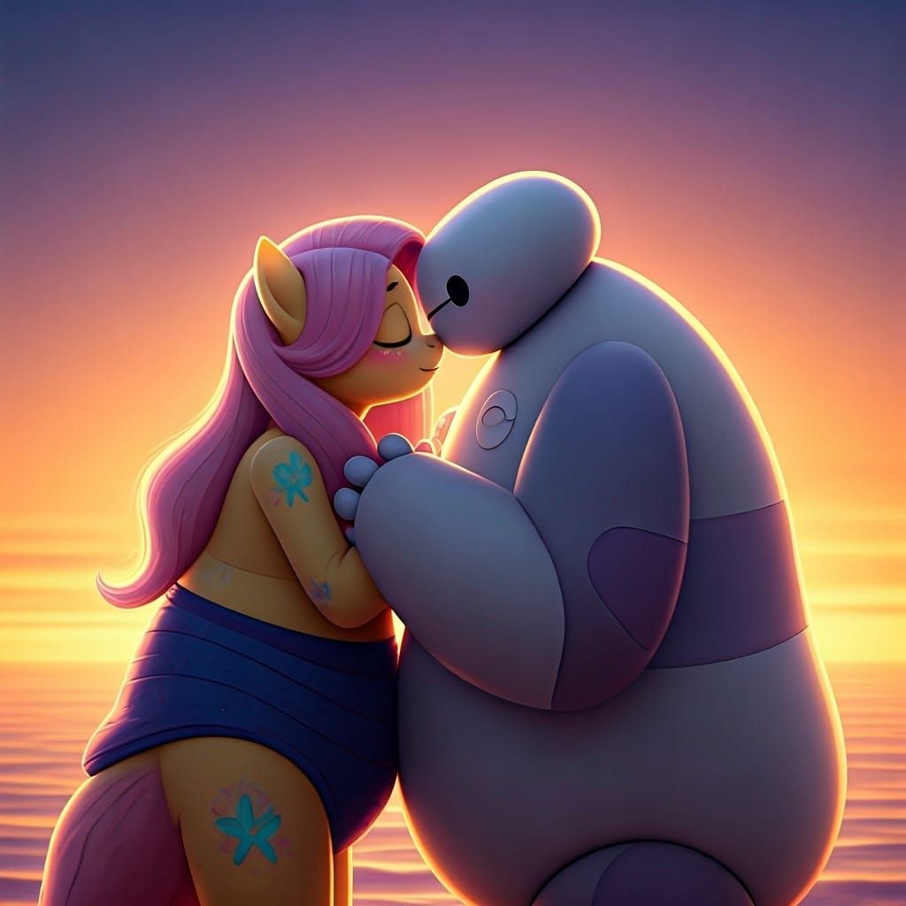 Disney and Pixar Style Kiss in Vibrant Sunset Background