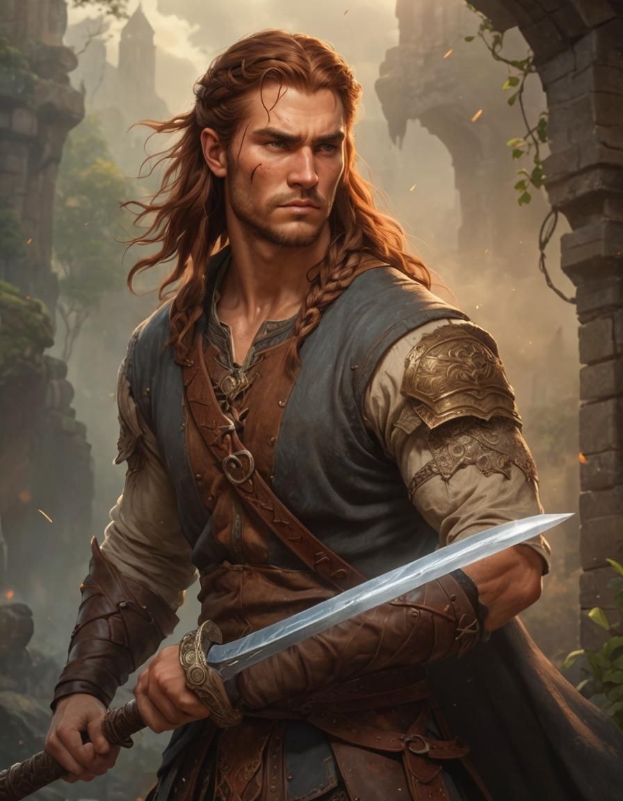 Human male warrior with long reddish brown hair braided on one side. Brown eyes.