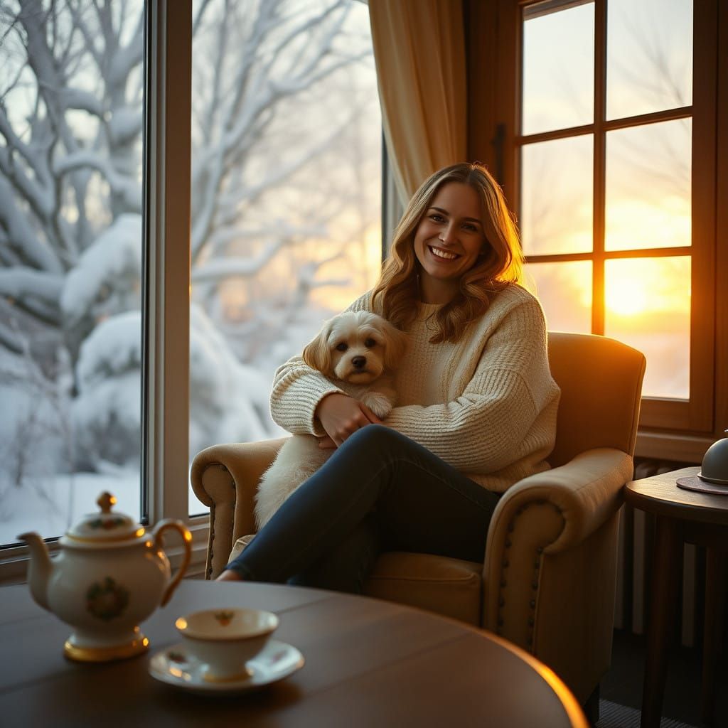 Serene Woman with Small Dog, Cozy Winter Scene
