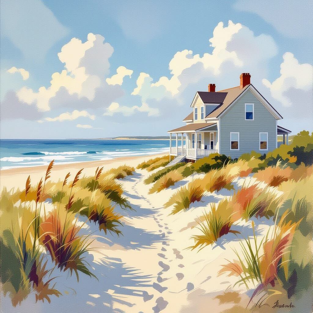 Cape Cod Beach Home in Watercolor Impasto Style