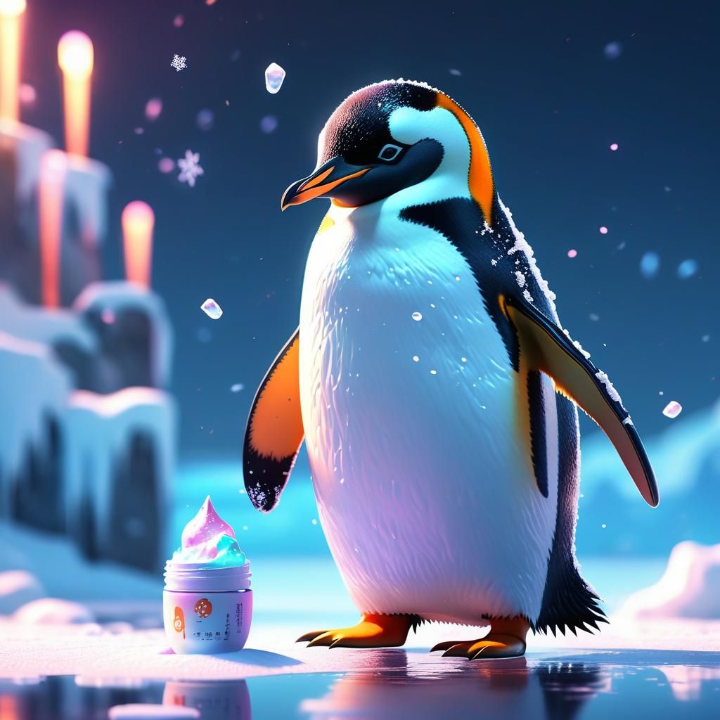 Penguin Holding Hand Cream in 3D Anime Art