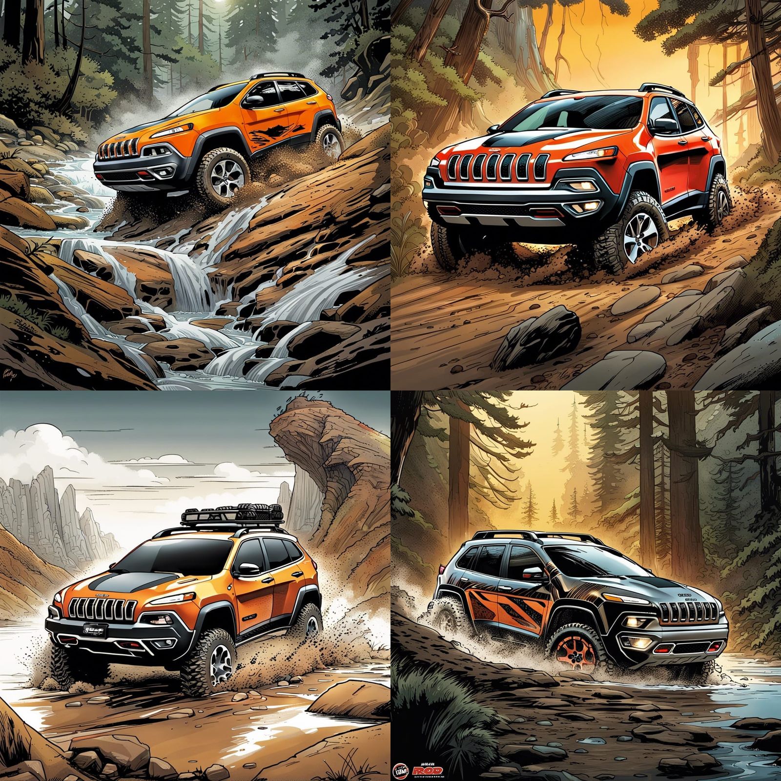 Jeep Cherokee Trailhawk Off-Roading: Comic Book Art