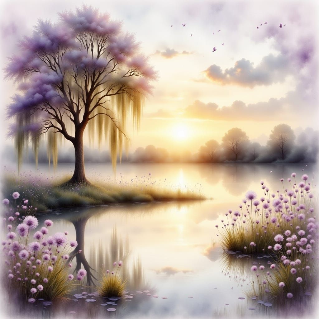 Dreamy Gold Lake Scene in Watercolour Style