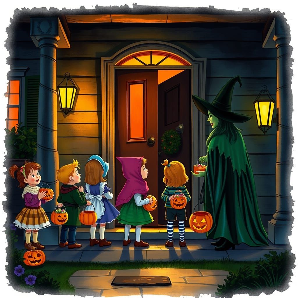 Halloween Trick-or-Treaters Greet the Wicked Witch