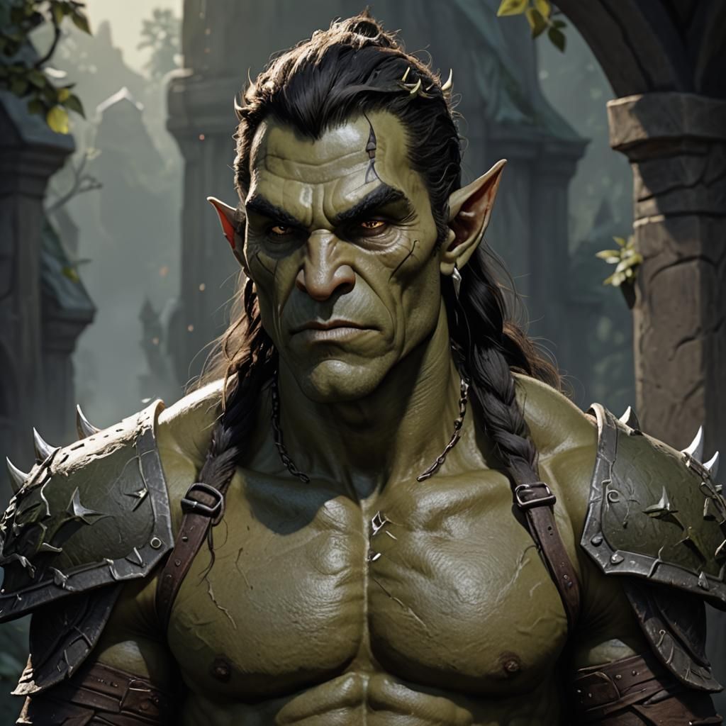 Handsome Bare-Chested Elf-Orc Hybrid Portrait