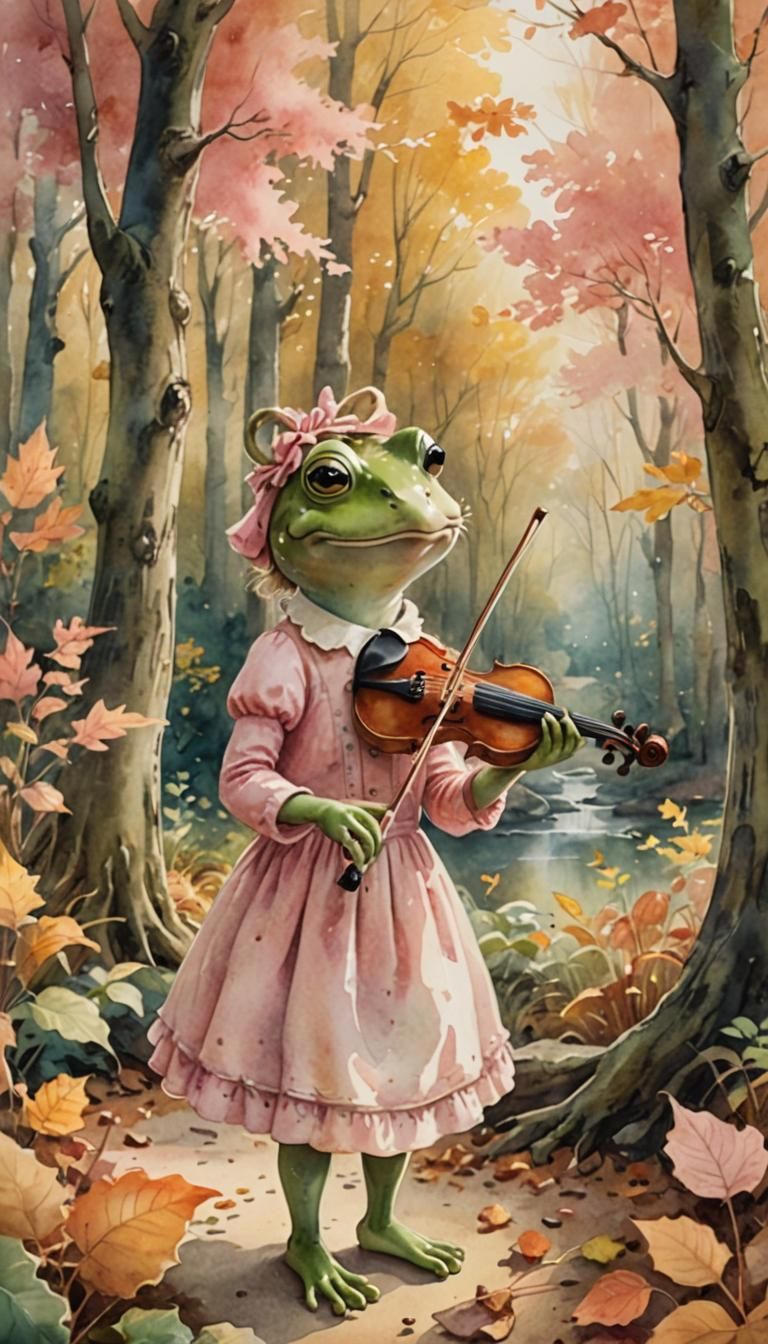 Frog Plays Violin in Autumn Forest Watercolor