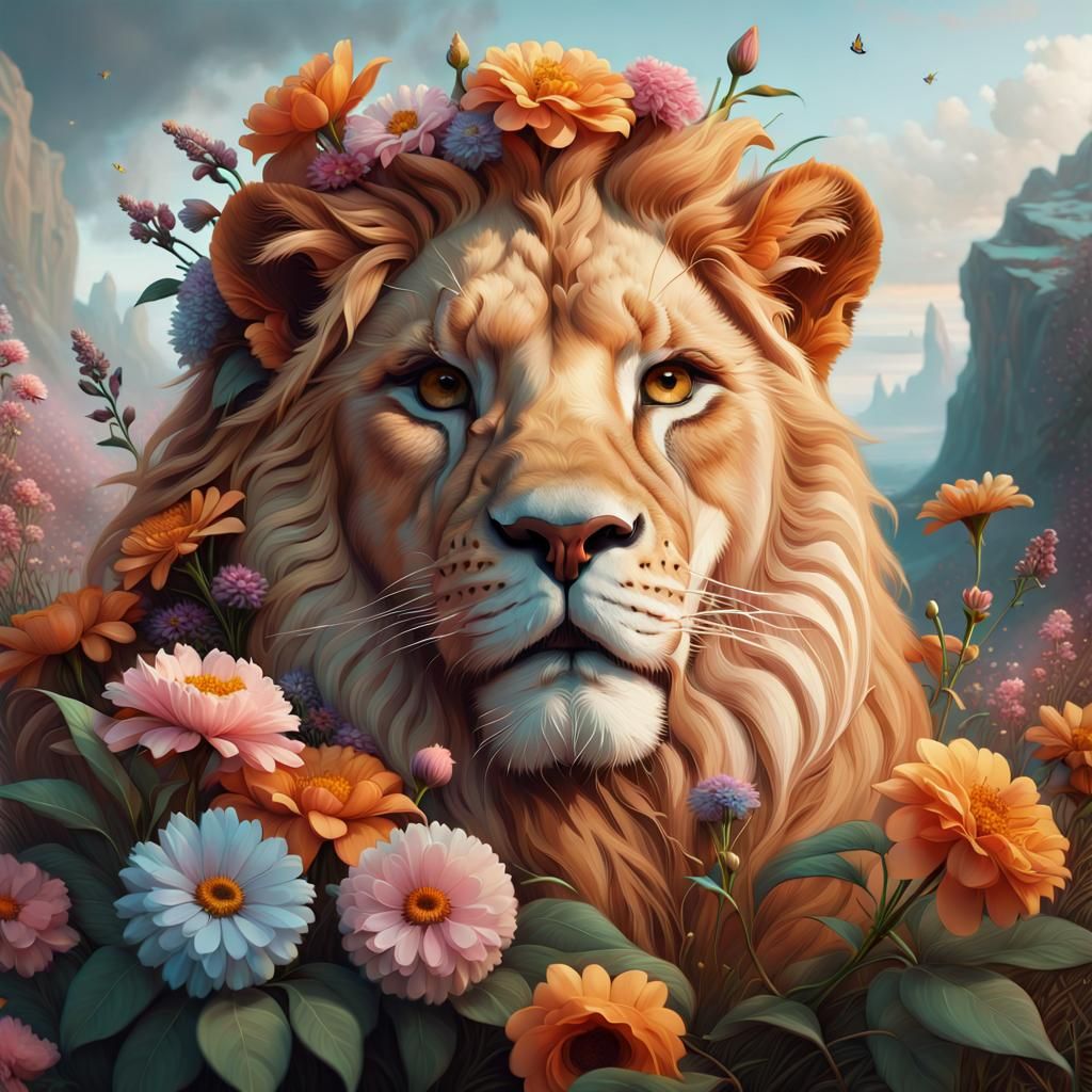 Lioness in Floral Dreamscape: Fantasy Digital Art