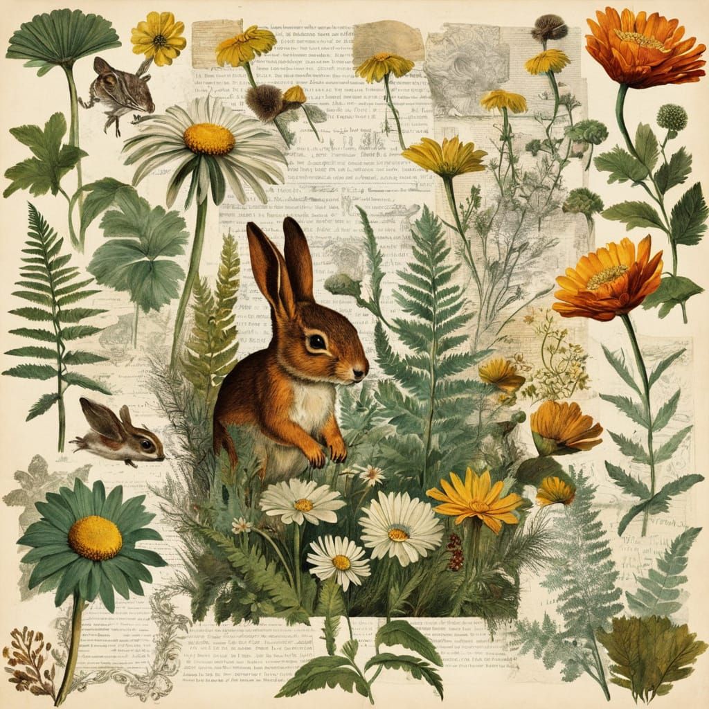 Vintage Botanical Collage with Flora and Fauna