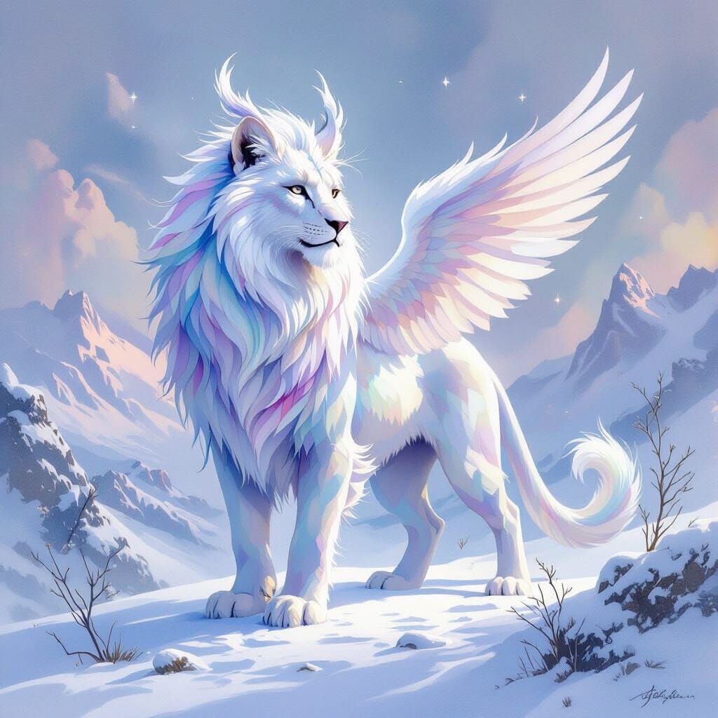 Mythical Lion-Lynx-Gryphon in Pastel Snowscape