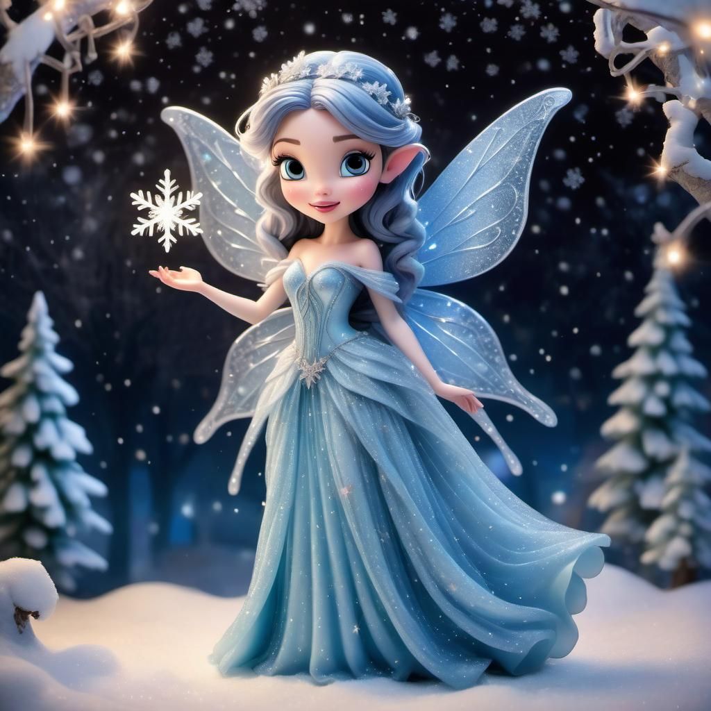 Full body image of a Disney Pixar style 3D beautiful fairy, long flowing light blue gown with sparkles and glitter, hold...
