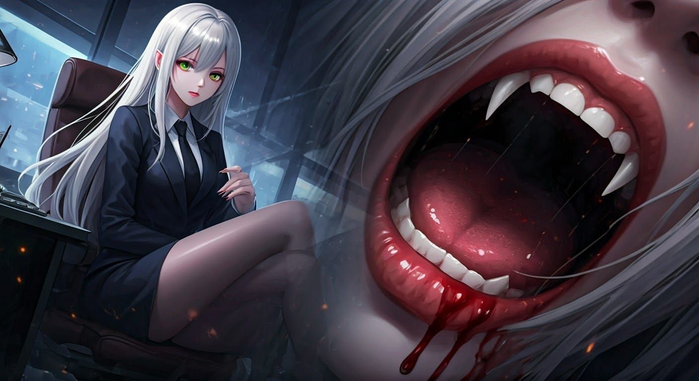 Vampire in Office with Dripping Fangs, Oil and Digital Art