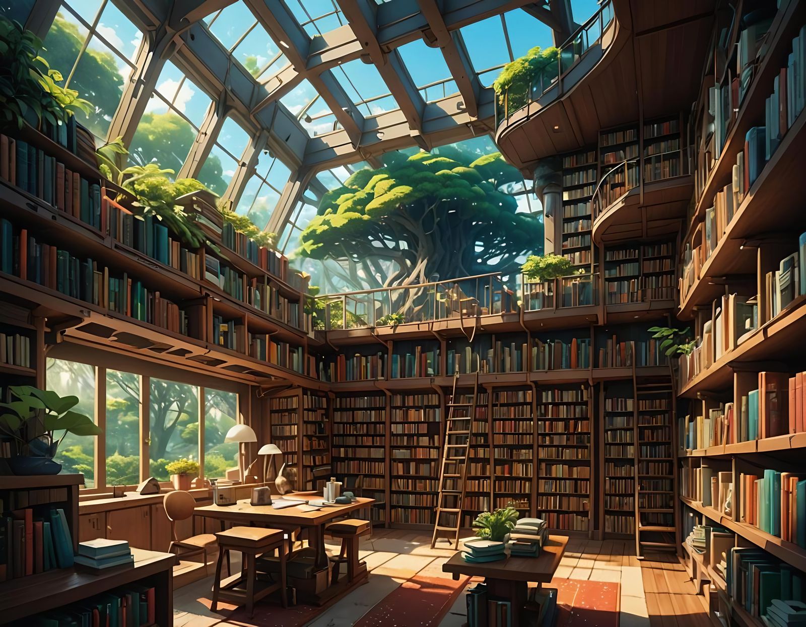 Futuristic Ecological Library in Studio Ghibli Style