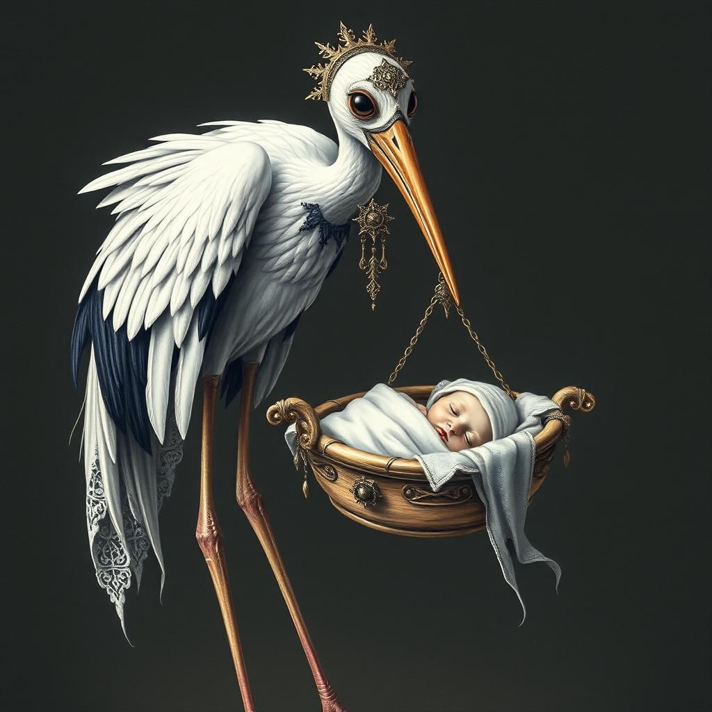 Gothic Stork Carrying Baby: Ethereal Pencil Art