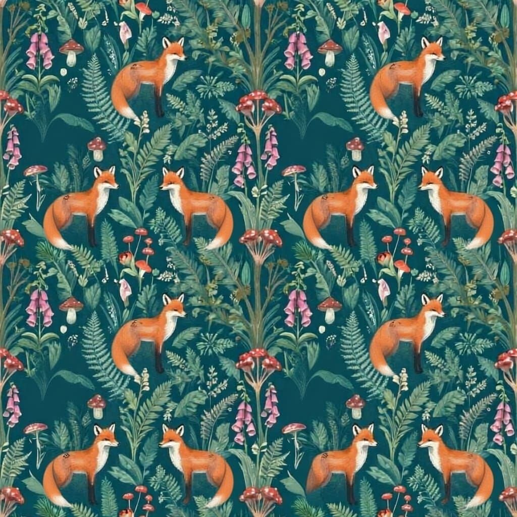 Whimsical Woodland Fox Pattern on Dark Teal