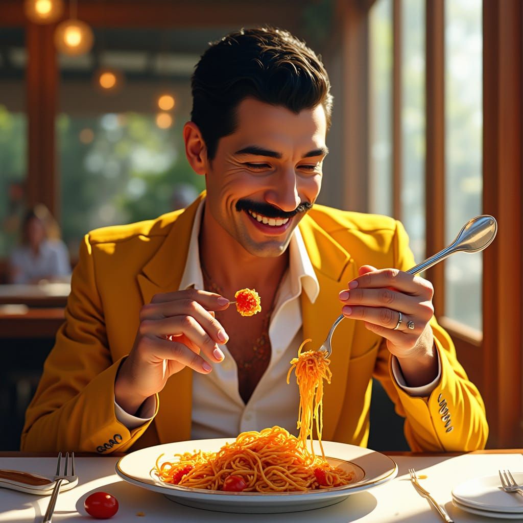Joyful Freddie Mercury Savoring Spaghetti in a Sunny Italian...