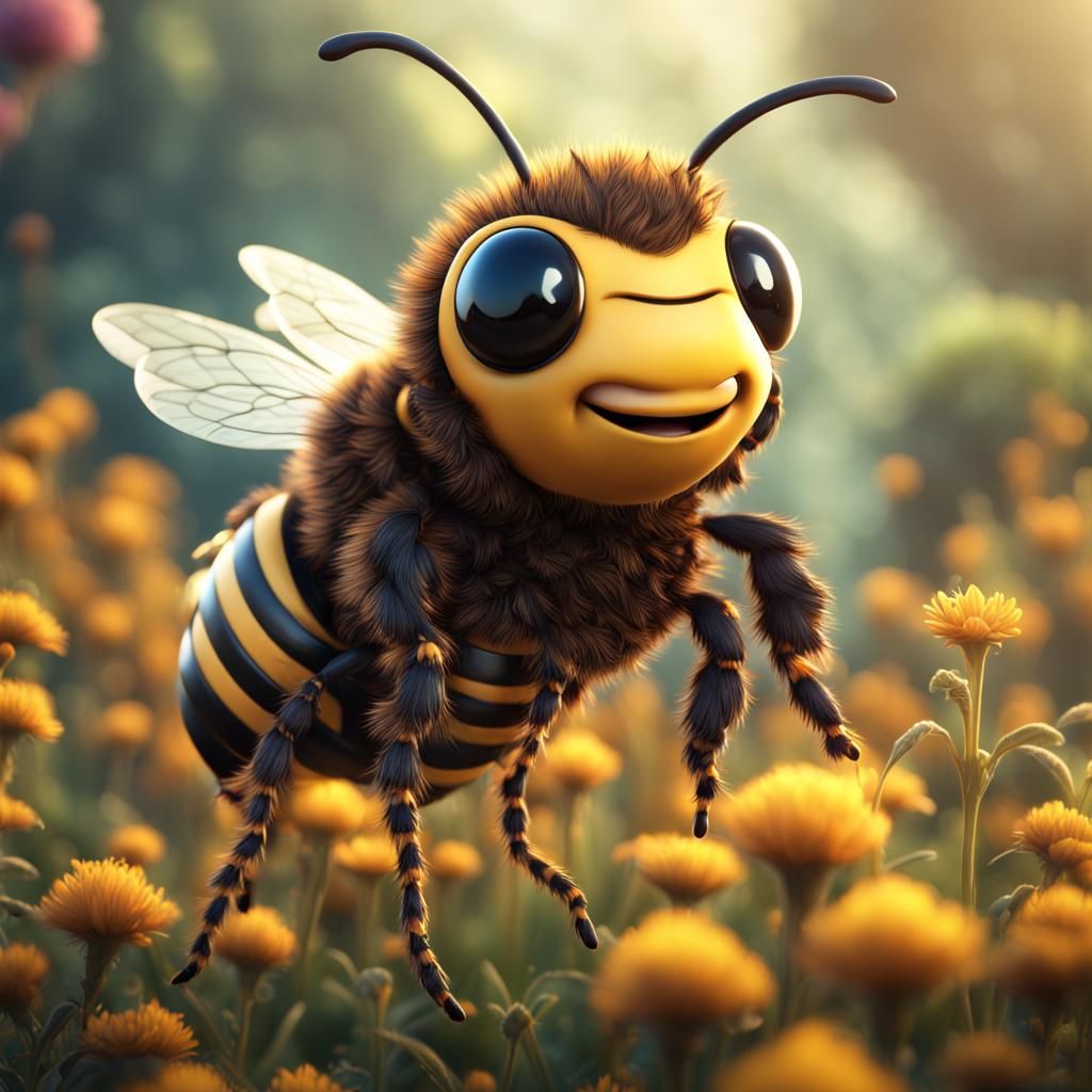 Humorous Bee with Hair in Cartoon Style