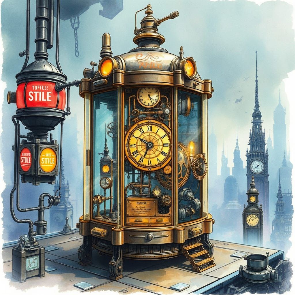 Surreal Steampunk Time Machine in Watercolor