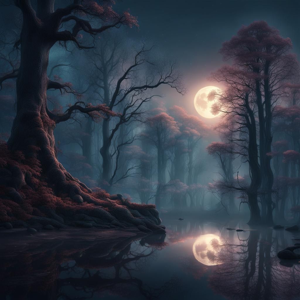 Eerie Moonlight Illuminates Misty Forest Lake
