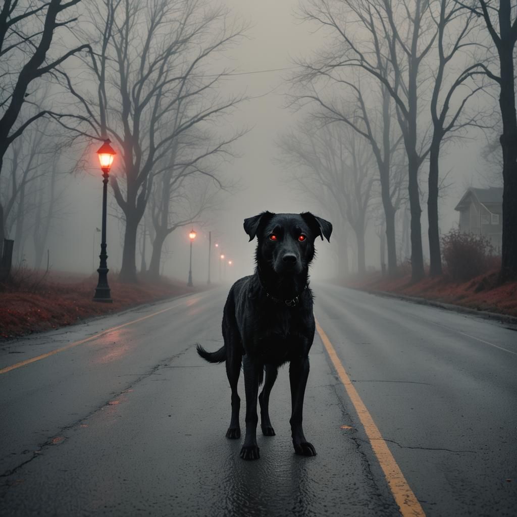 Eerie Black Dog with Red Eyes in Fog, Greg Rutkowski Style