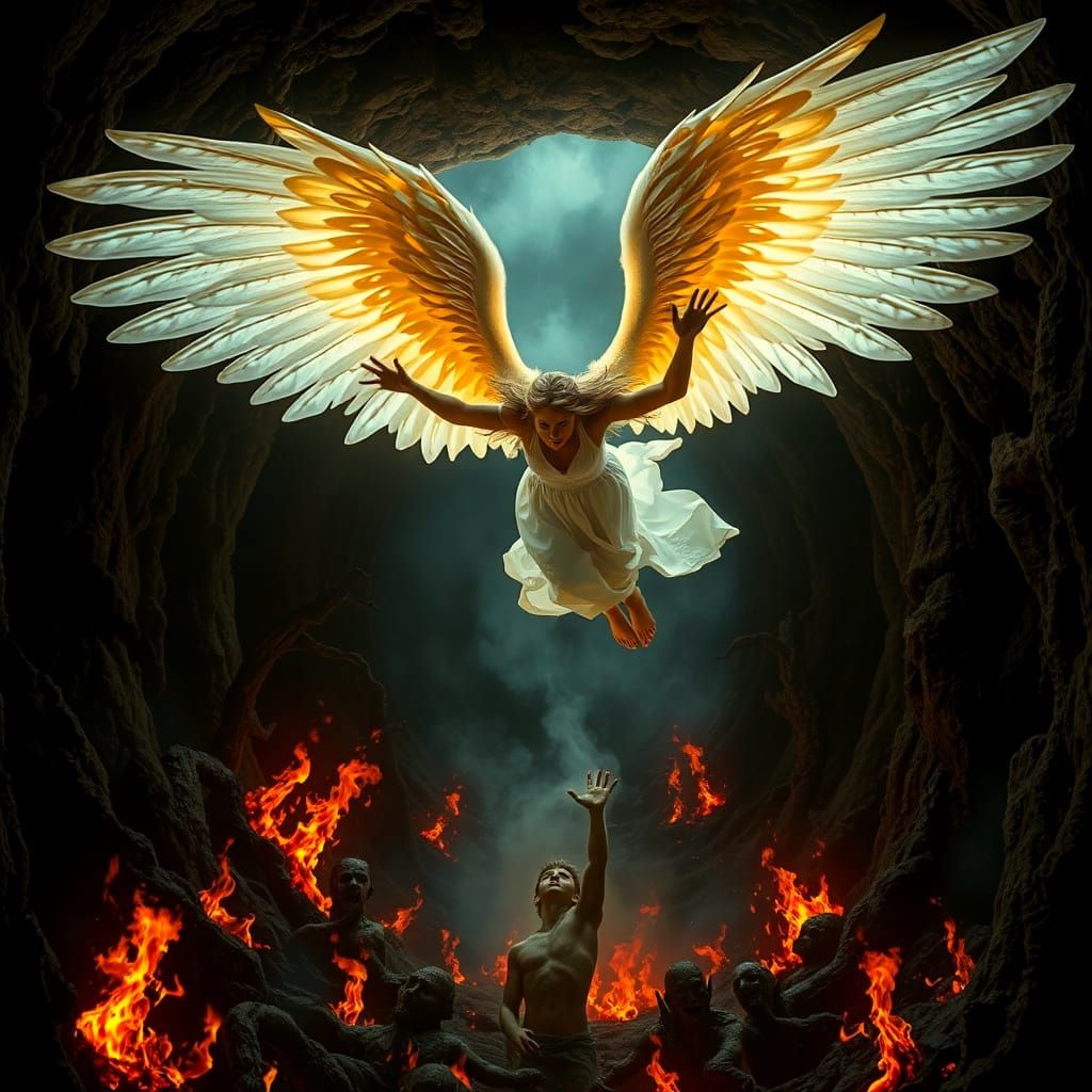 Angel Descends into Hell to Save Lover in Photorealistic Sce...