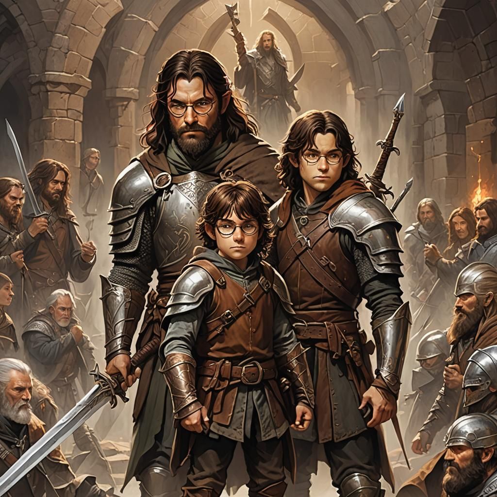 dnd character art, young boy with glasses and long brown hair holding sword next to large bearded man wearing leather ar...