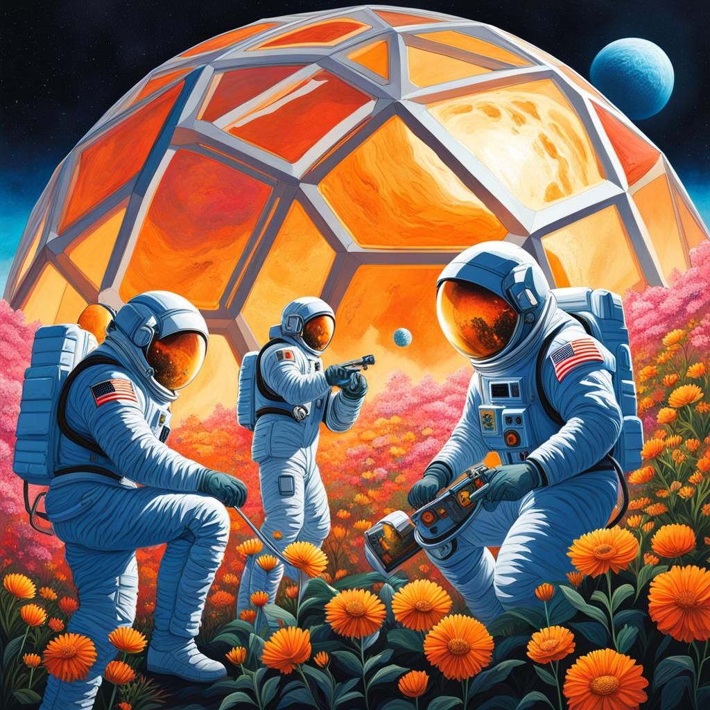 Hyperrealistic Moon Garden with Astronauts