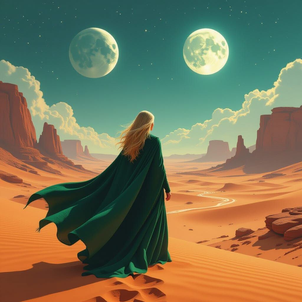 Woman on Alien Desert Under Twin Moons