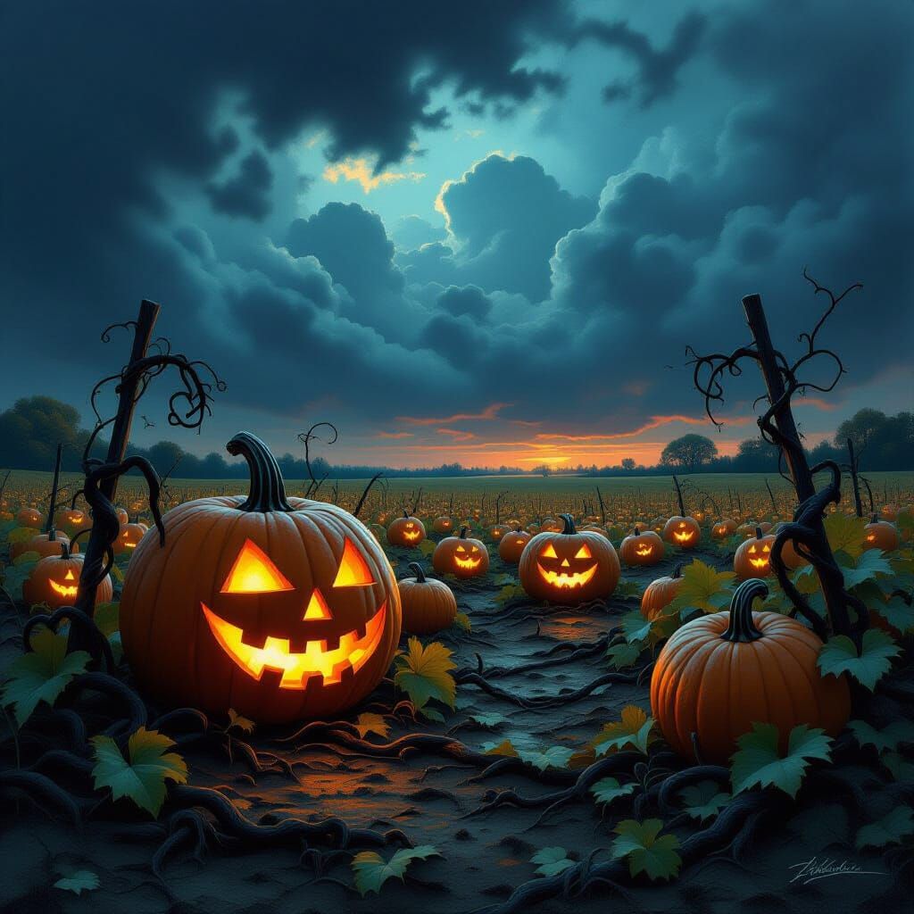 Enchanted Pumpkin Patch Under Stormy Sky