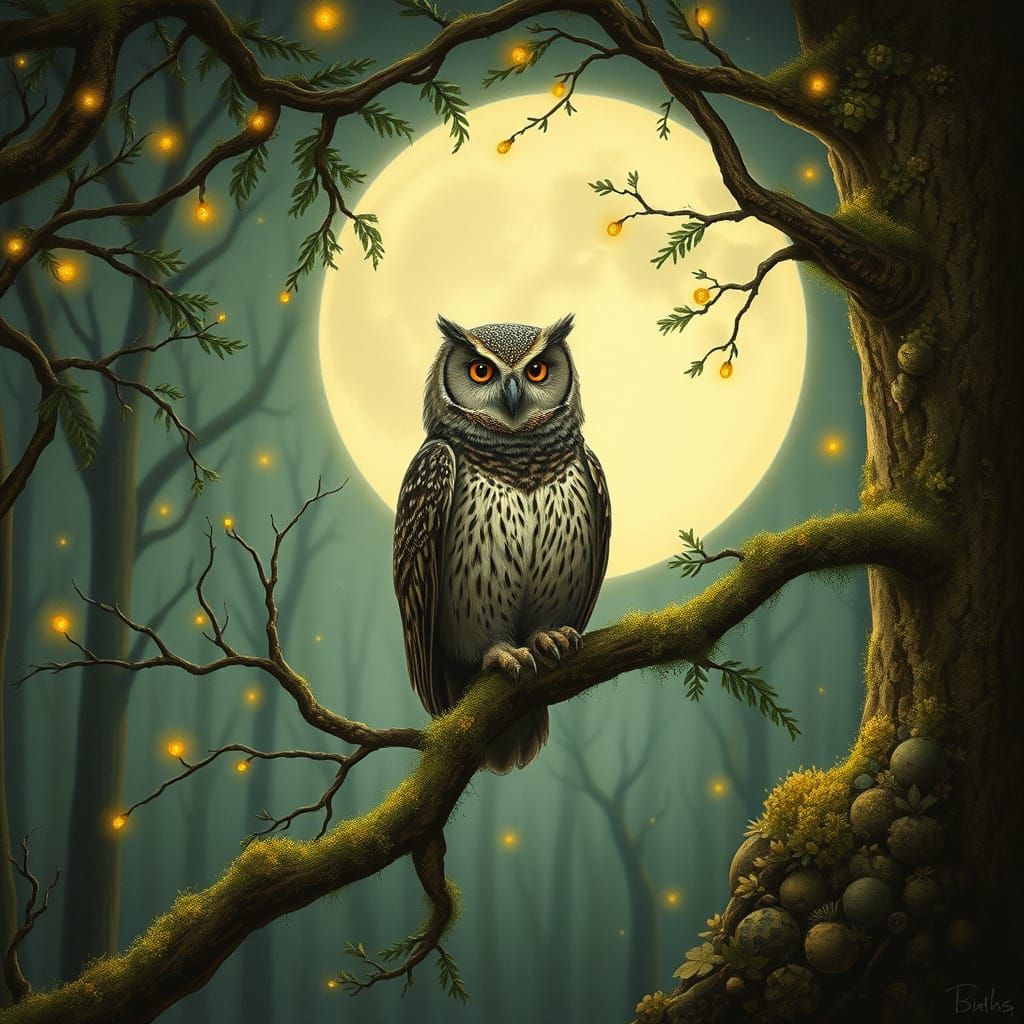 Whimsical Owl in a Dreamy Forest Scene