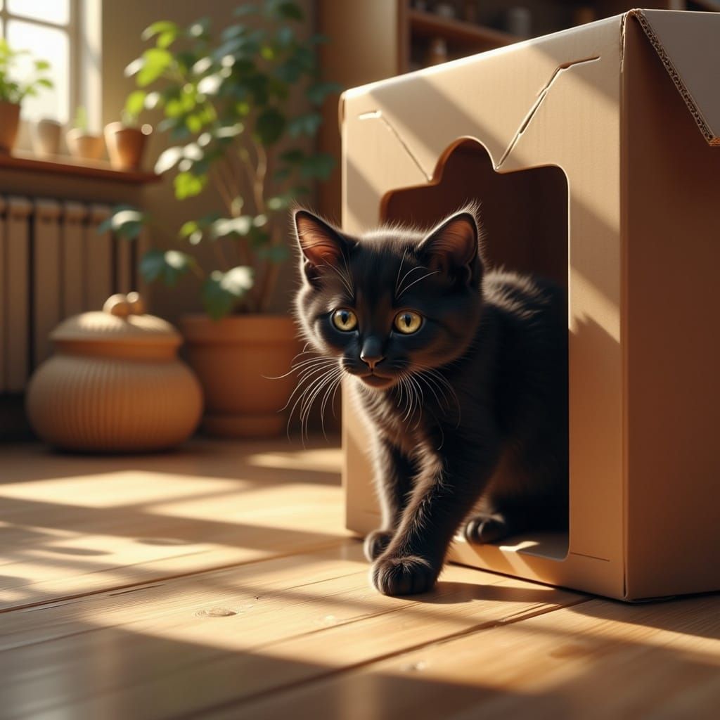 Hesitant Kitten Emerges into Cozy Living Room