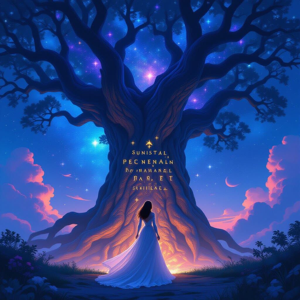 Ethereal Lady Before Ancient Tree in Nebula Sky