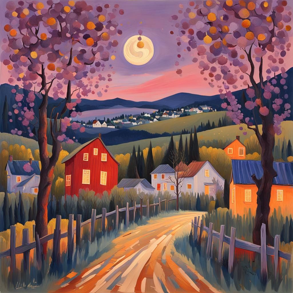 Impressionist Landscape Painting with Moon in Gouache Style