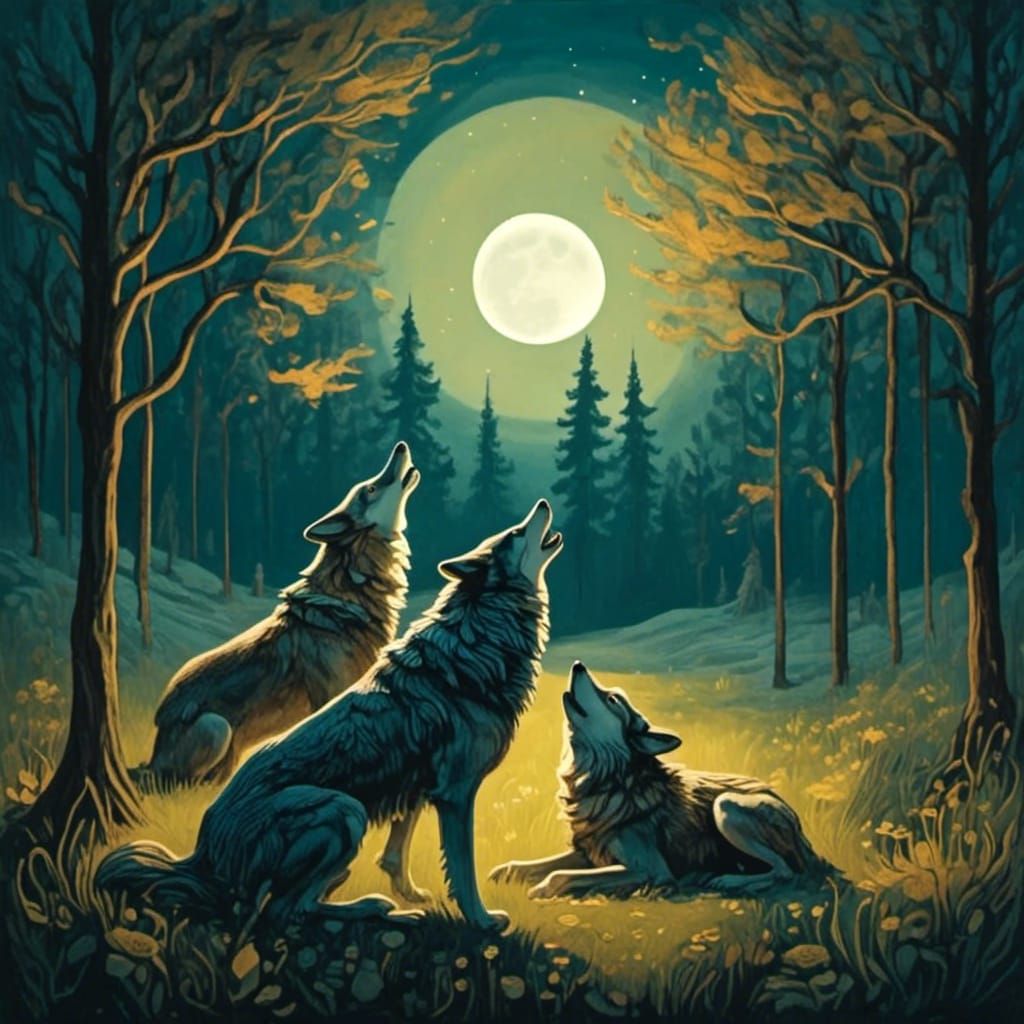 Moonlit Wolves Kneeling in Meadow Concept Art