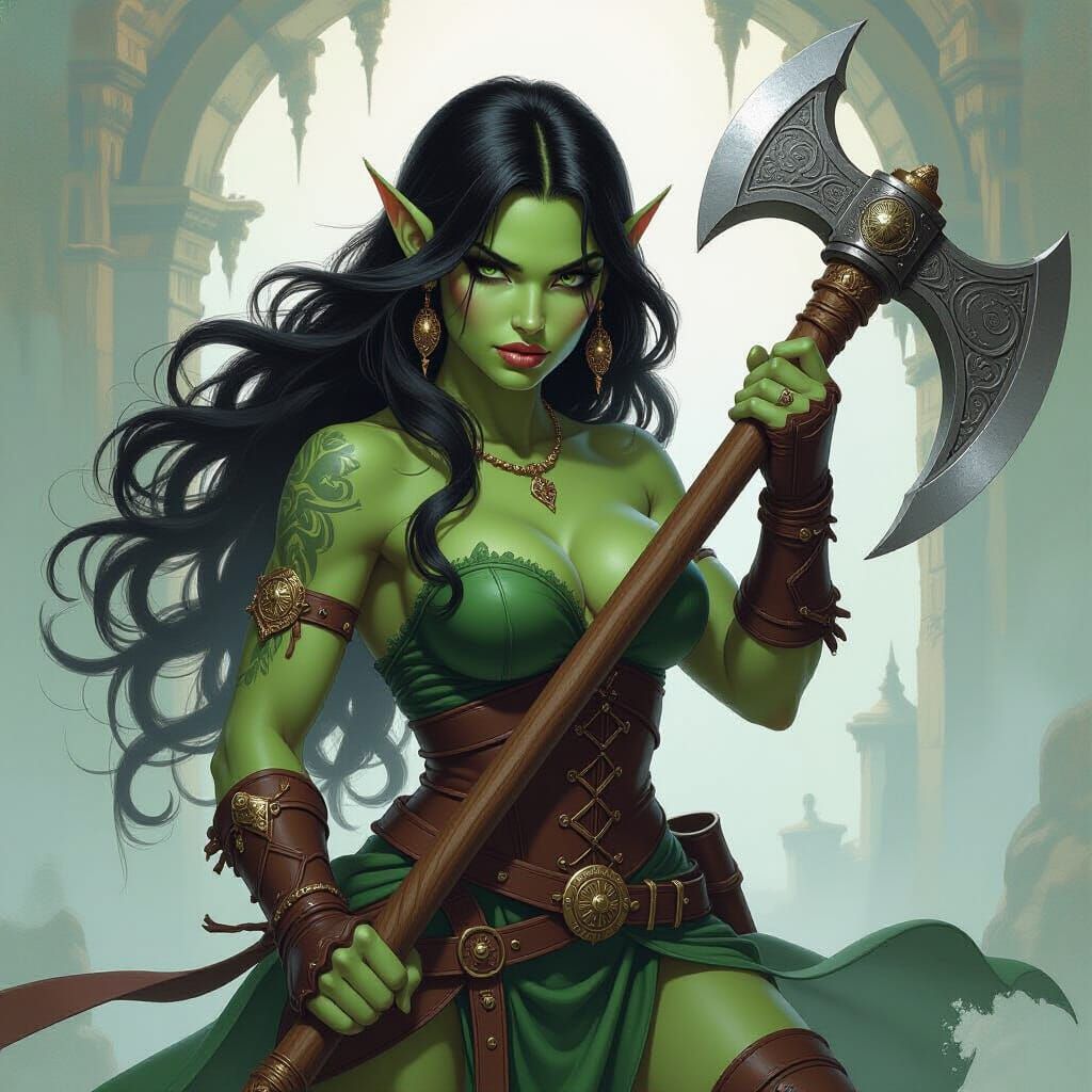 Fantasy Orcish Woman with Axe in Oil Painting Style