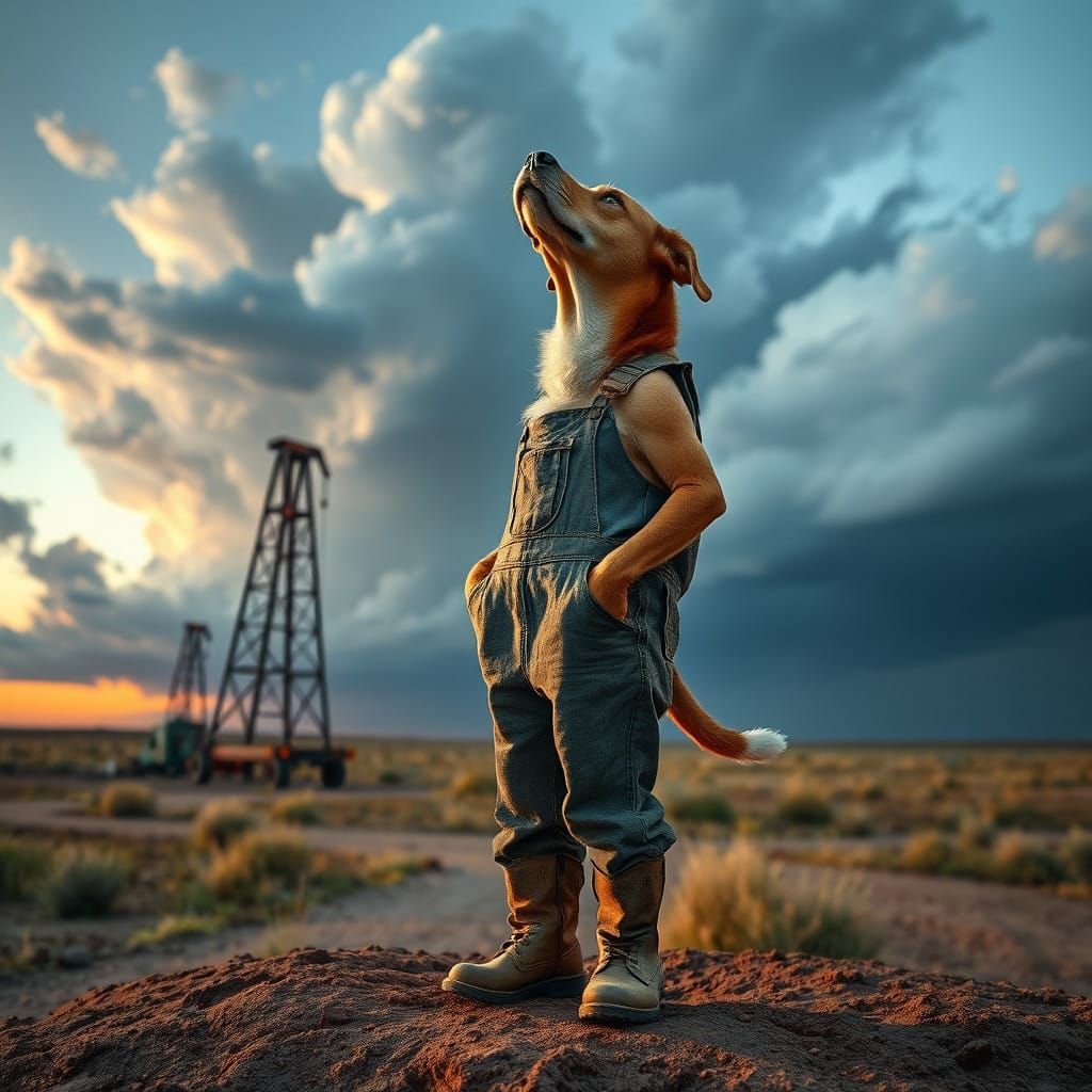 Anthropomorphic Dog Stands on Oil Drill in Texas Wasteland