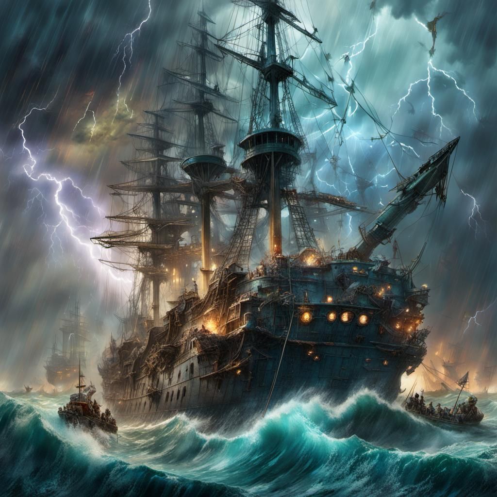 Naval Fleet Under Nature's Fury: A Digital Masterpiece