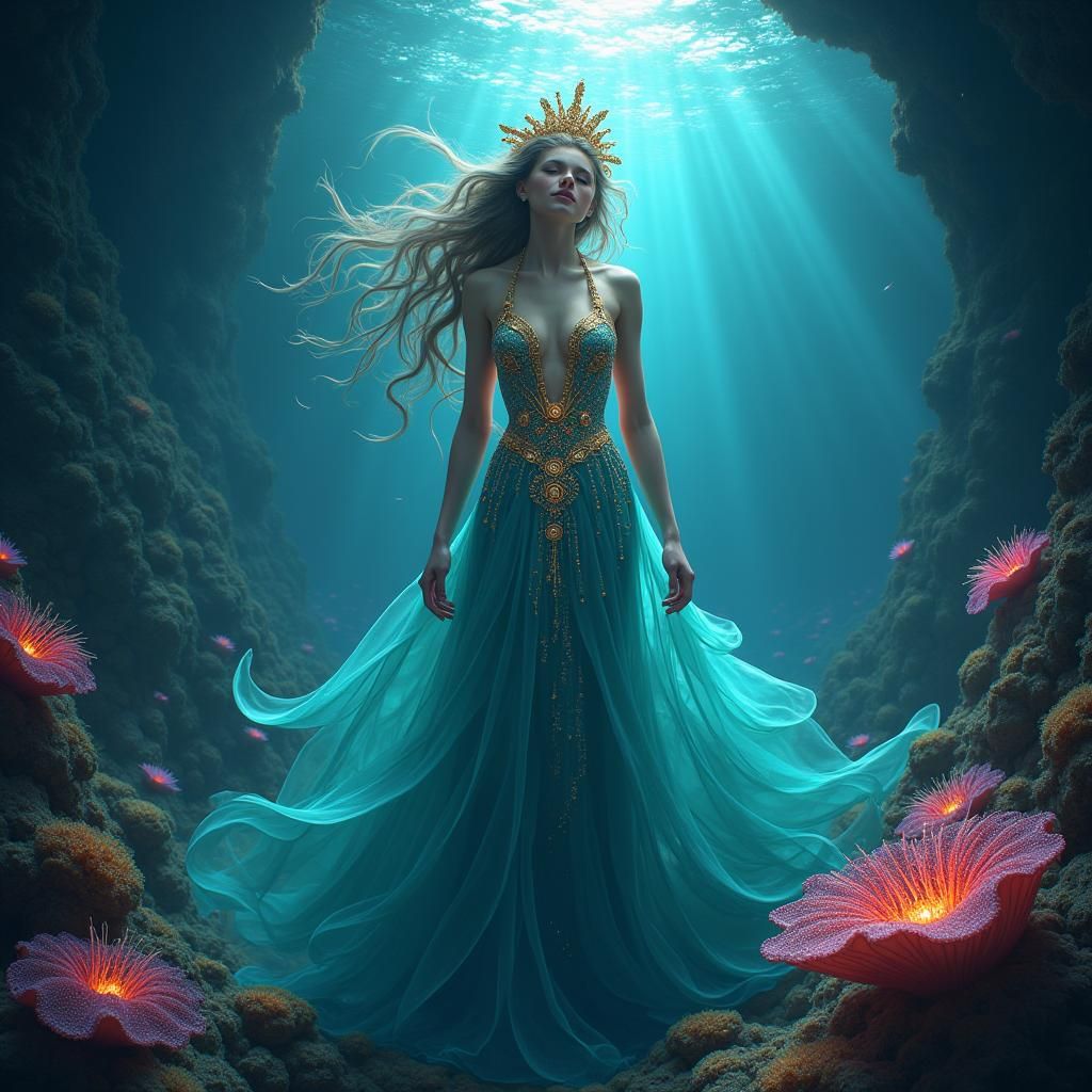Majestic Deep-Sea Goddess in Bioluminescent Ocean