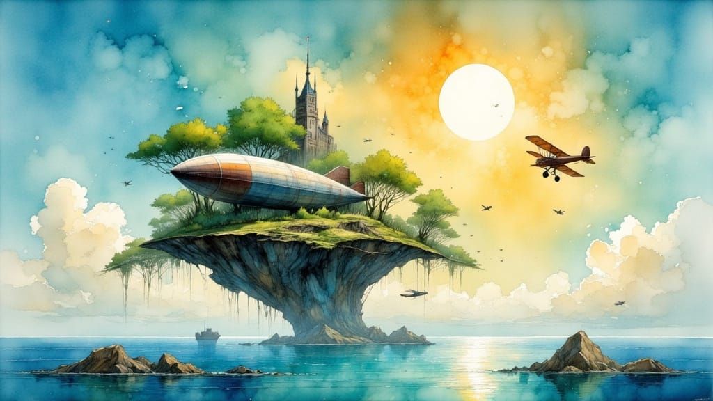 Floating Island with Airship in Watercolor and Ink
