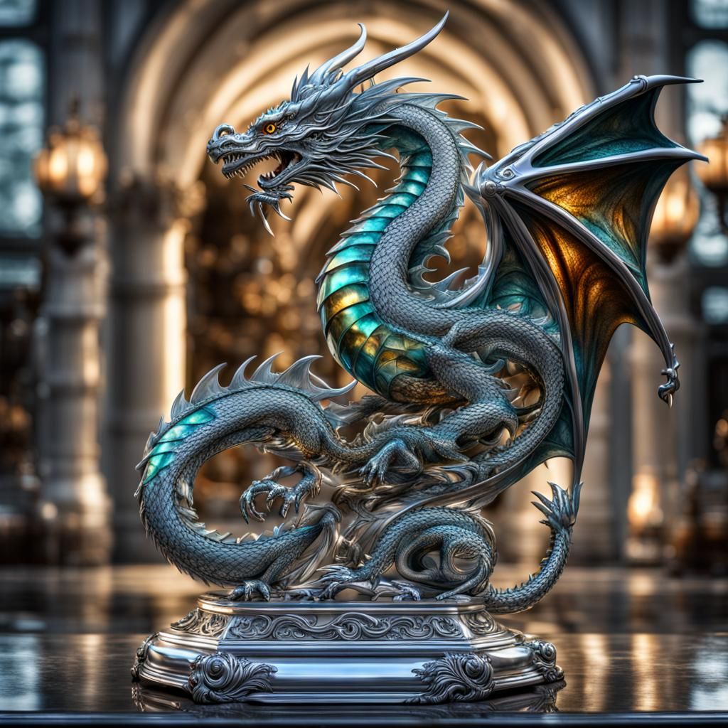 Hyperrealistic Glass Dragon on Ornate Silver Base